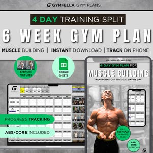 Op de afbeelding: Een digitale download voor een 6-weekse spieropbouw-trainingsschema met een 4-daagse split. Het schema omvat voortgangsregistratie, oefenfoto's en Google Sheets. De afbeelding toont een man die traint en een voorbeeld van het trainingsschema.