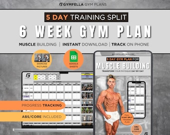 Plan de entrenamiento de 5 días / Plan de gimnasio / Seguimiento de 6 semanas / Desarrollo muscular / Ejercicio / Plantilla de programa de acondicionamiento físico
