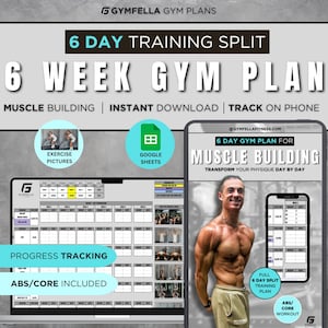Könnte beinhalten: Ein digitaler Download für einen 6-wöchigen Muskelaufbau-Trainingsplan. Der Plan beinhaltet einen 6-Tage-Trainingssplit, Fortschrittsverfolgung und ein Bauch-/Core-Workout. Der Plan ist im Google Sheets-Format verfügbar und enthält Übungsbilder.
