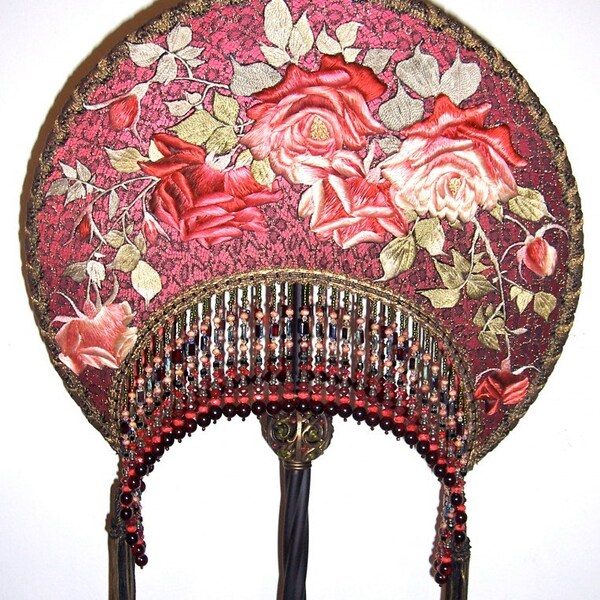 Sold Sale Priced at Half Off /// Embroidered Roses Antique Floor Lamp Hand Made Shade Beaded Metallic