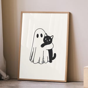 Cute Ghost and Black Cat Poster | Minimalist Halloween Wall Art | Moody Vintage Spooky Print | Witchy Autumn Decor | Digital Download