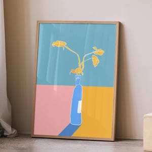 Impresión de arte botánico minimalista / Póster de flores escandinavas de colores / Arte de pared con jarrón con ramo floral abstracto rosa, azul y amarillo / Descarga digital