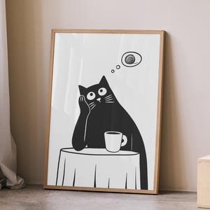Funny Black Cat Poster | Cat Lover Wall Art | Retro Kitten Print | Coffee Illustration |  Kitchen Print | Cafe Decor | Digital Download