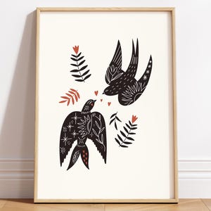Skandynawska grafika ścienna z czarnym jaskółką | Wydruk sztuki ludowej | Rustykalny plakat kwiatowy | Wystrój domu w stylu rustykalnym | Sztuka przyrodnicza w stylu vintage | Pobieranie cyfrowe