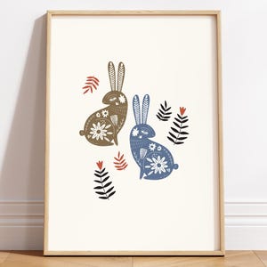 Rabbit Folk Poster | Hare Floral Print | Scandinavian Motif | Vintage Beige Wall Decor | Cottagecore Art | Hygge Woodland | Digital Download
