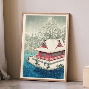 Snow at Inokashira Kawase Hasui Poster | Japandi Winter Lake Art Print | Ukiyo-e Woodblock Scene | Red Blue Zen Home Art | Digital Download