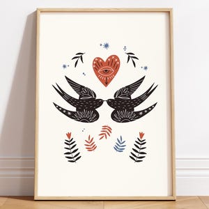 Folk Scandi Swallow with Heart Print | Vintage Bird Poster | Scandinavian Wall Art | Minimalist Swallow Illustration | Digital Download