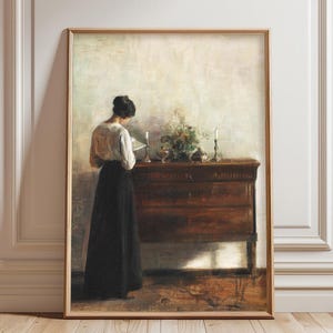 Vintage Frauenporträtmalerei | Stimmungsvoll Kunstdruck | Poster mit lesender Frau | Light Academia Wandkunst | Antike druckbare | Digitaler Download