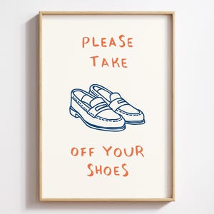 Please Take Off Your Shoes Poster | Funny Quote Wall Art | Entryway Decor | Blue and Red Retro Minimalist Print | Trendy Digital Download