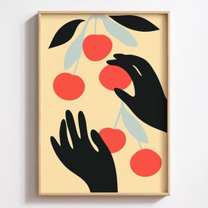 Retro Cherry Wall Art Print | Vintage Style Fruit Poster | Preppy Cherries Decor | Cottagecore Kitchen Art | Red Color | Digital Download