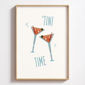 Tini Time Cin Cin-poster | Handgetekende cocktailkunst aan de muur | Martinibarwagen afdrukken | Wijnglazen keukendecoratie | Cadeau-idee digitale download