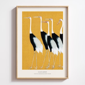 Japanese Red Crown Crane Print | Ogata Korin Bird Wall Art | Vintage Japanese Painting | Yellow Living Room Decor | Digital Download Poster