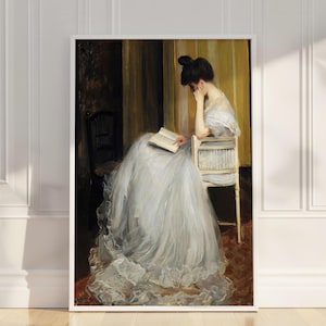 Victorian Woman Reading Portrait Print | Antique Book Lover Wall Art | Vintage Library Decor | Moody Reading Nook | Digital Download Poster