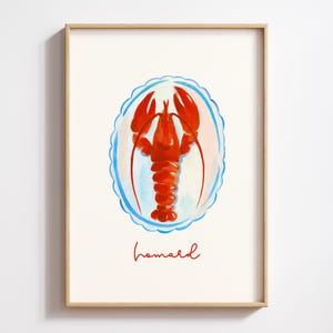 Poster di aragosta Homard Art / Decorazione per casa sulla spiaggia costiera / Arte murale nautica con aragosta rossa / Regalo per gli amanti dei frutti di mare / Download digitale di stampe da cucina