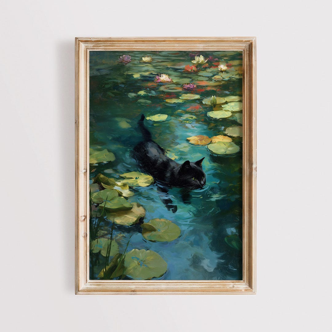Funny Black Cat Art Print: Monet Water Lilies, Whimsical Home Decor ...
