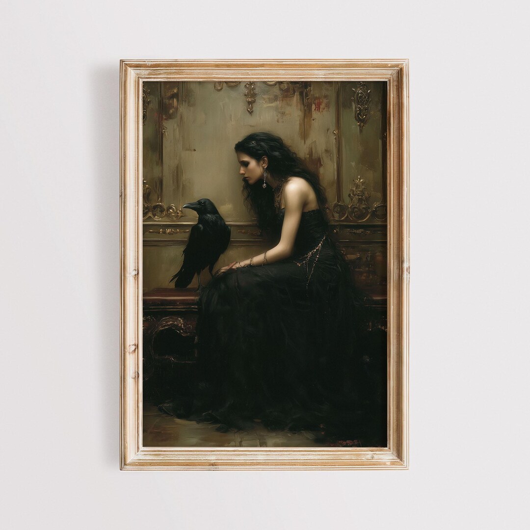 Gothic Woman and Raven Painting | Dark Academia Wall Art (digital ...