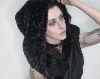 Black Faux Fur Hooded Scarf