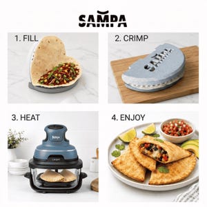 K&ouml;nnte beinhalten: Eine vierteilige Anleitungsgrafik f&uuml;r die Sampa-Lebensmittelpresse. Schritt eins zeigt das F&uuml;llen einer Tortilla, Schritt zwei das Crimpen mit einem blau gesprenkelten Werkzeug, Schritt drei das Erhitzen in einem Ninja Crispi Ger&auml;t und Schritt vier.