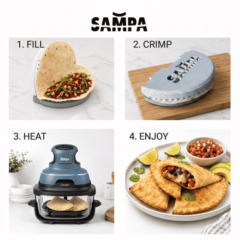 K&ouml;nnte beinhalten: Eine vierteilige Anleitungsgrafik f&uuml;r die Sampa-Lebensmittelpresse. Schritt eins zeigt das F&uuml;llen einer Tortilla, Schritt zwei das Crimpen mit einem blau gesprenkelten Werkzeug, Schritt drei das Erhitzen in einem Ninja Crispi Ger&auml;t und Schritt vier.