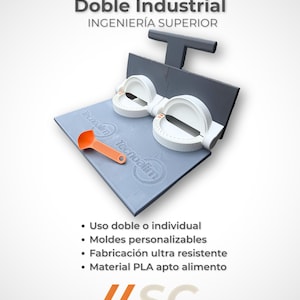 May include: A gray and white industrial mold with an orange scoop. The text on the image reads "Nuevo Modelo Doble Industrial INGENIERÍA SUPERIOR". Additional text includes "Uso doble o individual", "Moldes personalizables", "Fabricación ultra resistente", and "Material PLA apto alimento".
