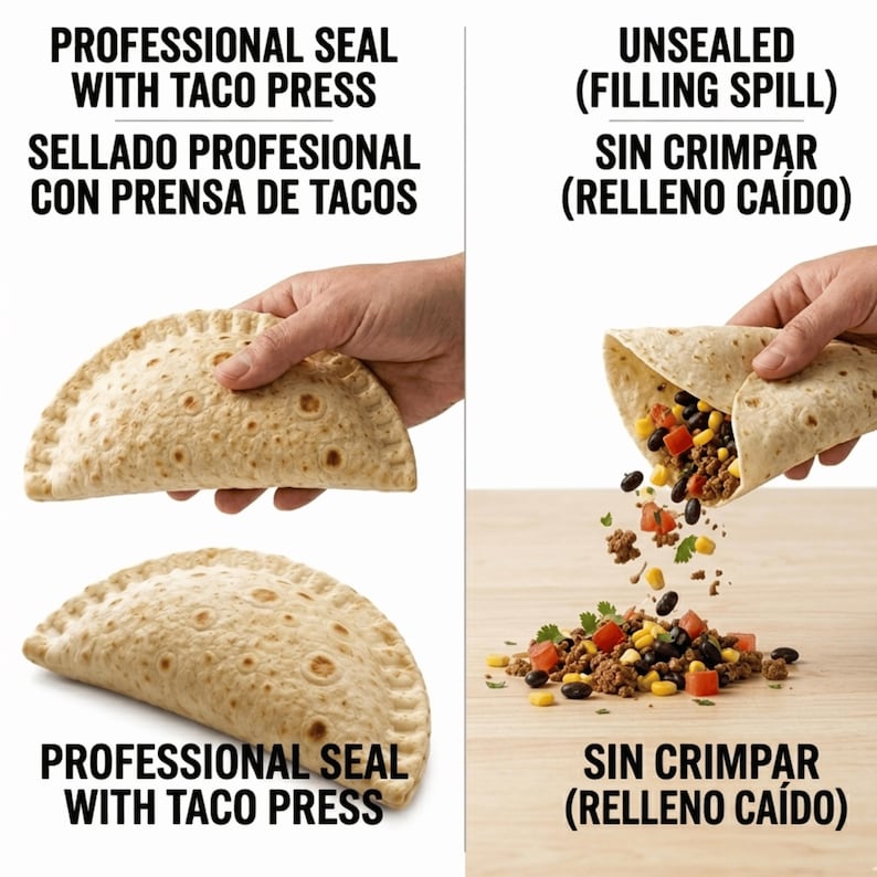 K&ouml;nnte beinhalten: Ein Vergleichsbild, das einen mit einer Tacopresse versiegelten Taco einem unversiegelten Taco gegen&uuml;berstellt. Links ist ein versiegelter Taco mit dem Text 'PROFESSIONAL SEAL WITH TACO PRESS' zu sehen. Rechts f&auml;llt F&uuml;llung aus einem offenen Taco.