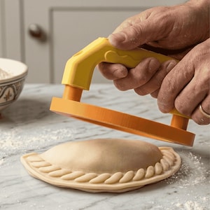 May include: An orange and yellow empanada press is used to shape a filled pastry. The press has a handle and a circular base, and is pressed down on the dough. The pastry is light brown with a decorative edge.