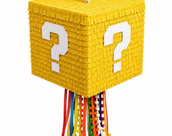 Question Mark Box Pinata, Handmade Gaming Party Piñata, Pull String Mystery Box Birthday Pinata for Boys, Gamer Party Decoration