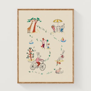Impresión de póster vintage inspirado en Ludwig Bemelman / Escena dibujada a mano en toile gouache imprimible para guardería / Decoración de sala de juegos de género neutro