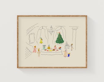 Whimsical Christmas Pajama Party Giclee Print: Holiday Animal Art