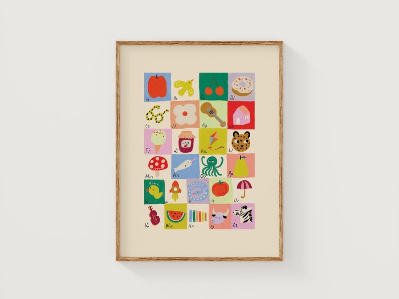 Fun and Colorful ABC poster. It is a printable digitable download. Perfect for Nursery, Playroom or Classroom spaces.