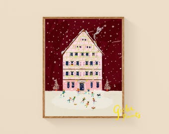 Christmas Lodge with Skating Animals – Winter Giclée Print | Museum Quality in Multiple Sizes
