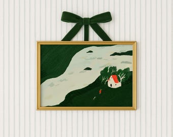 Whimsical Seascape Giclée Print — Tiny Cottage, Dog & Bunny in Multiple Sizes