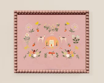Whimsical Dog Folk Art Print – Pink Giclée Wall Art | Museum Quality | Multiple Sizes