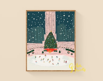 Rockefeller Center Winter Giclée Print – Skating Animals, New York Christmas