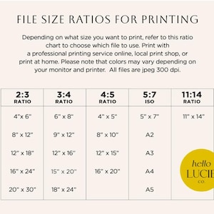 May include: A chart detailing file size ratios for printing, including 2:3, 3:4, 4:5, 5:7 ISO, and 11:14 ratios. Sizes are listed in inches, such as 4" x 6" and 8" x 12". The chart includes the text "hello LUCIE co" in a yellow circle.