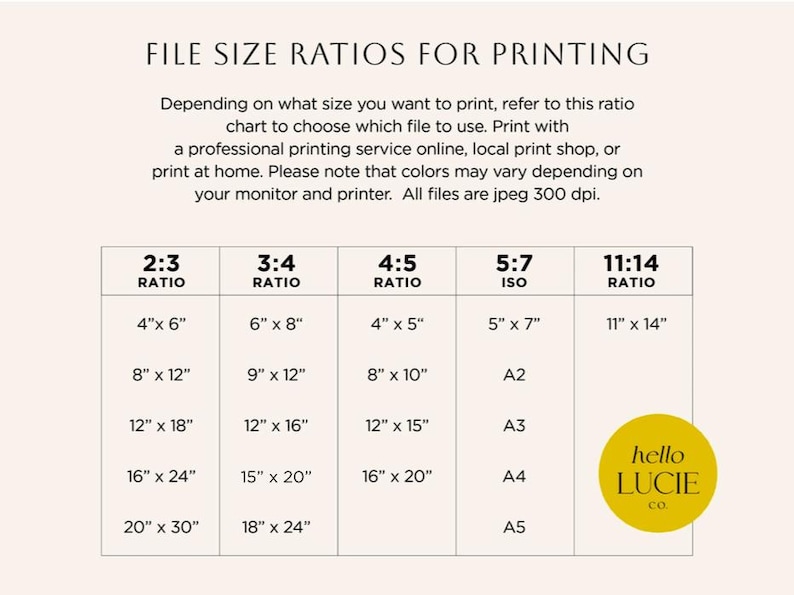 May include: A chart detailing file size ratios for printing, including 2:3, 3:4, 4:5, 5:7 ISO, and 11:14 ratios. Sizes are listed in inches, such as 4" x 6" and 8" x 12". The chart includes the text "hello LUCIE co" in a yellow circle.