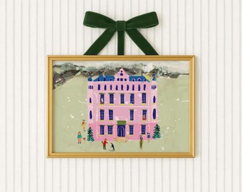 Whimsical Christmas animal art in Grand Budapest style : Giclee Print