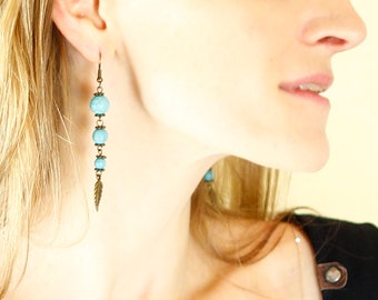 Long beaded dangle earrings with blue turquoise gemstone and charm feather - TURQUOSIA EARRINGS