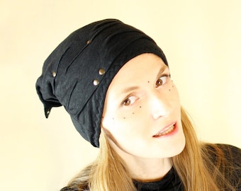 Slouchy black cotton/linen winter beanie hat with 2 pointy tips - COUPARI HAT