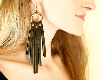 Leather long dangle fringe earrings on brass hoop, 32 colors - CIRCLENN EARRINGS