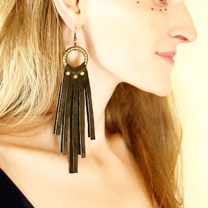 Leather long dangle fringe earrings on brass hoop, 32 colors - CIRCLENN EARRINGS