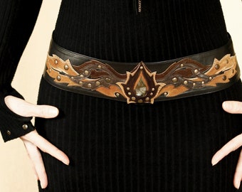 Leather black wide hip women belt with leather art applique and Labradorite gemstone - LEARIAS BELT