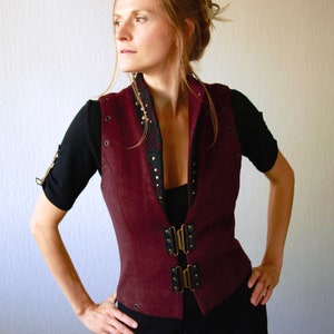 Festival steampunk vest, burgundy wool vest decorated with black lace and leather - Woodland vest
