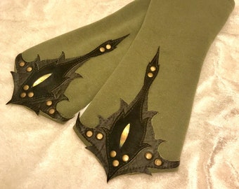 Fingerless mitts, Organic cotton green gloves, Festival fabric olive mittens, Elven arm warmers, Alternative clothing, Cosplay, Leather art