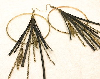 Bohemian dangle long brass hoop earrings with leather tassel, 32 colors - ORBELENN EARRINGS