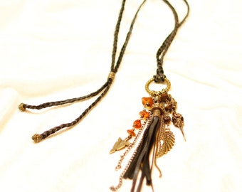 Bohemian long brass necklace with leather fringe tassel detail Aamber gemstones and brass charms - AAMBERNACE NECLACE