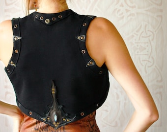 Cotton bolero shrug black vest with leather art appliques, 12 colors - Darnassus