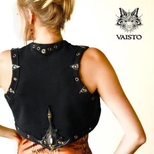 Festival short black vest, Organic cotton shrug, Psywear party bolero, Gothic tribal goa gilet, Burning man bodywarmer, Leather art vestcoat