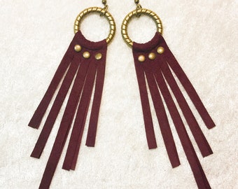 Leather long dangle fringe earrings on brass hoop, 32 colors - CIRCLENN EARRINGS