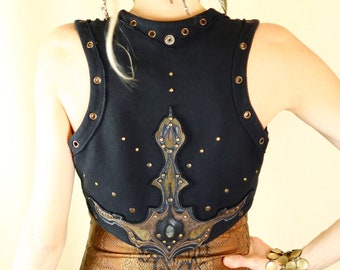 Cotton bolero shrug black vest with leather art appliques, 12 colors - Darnarriz